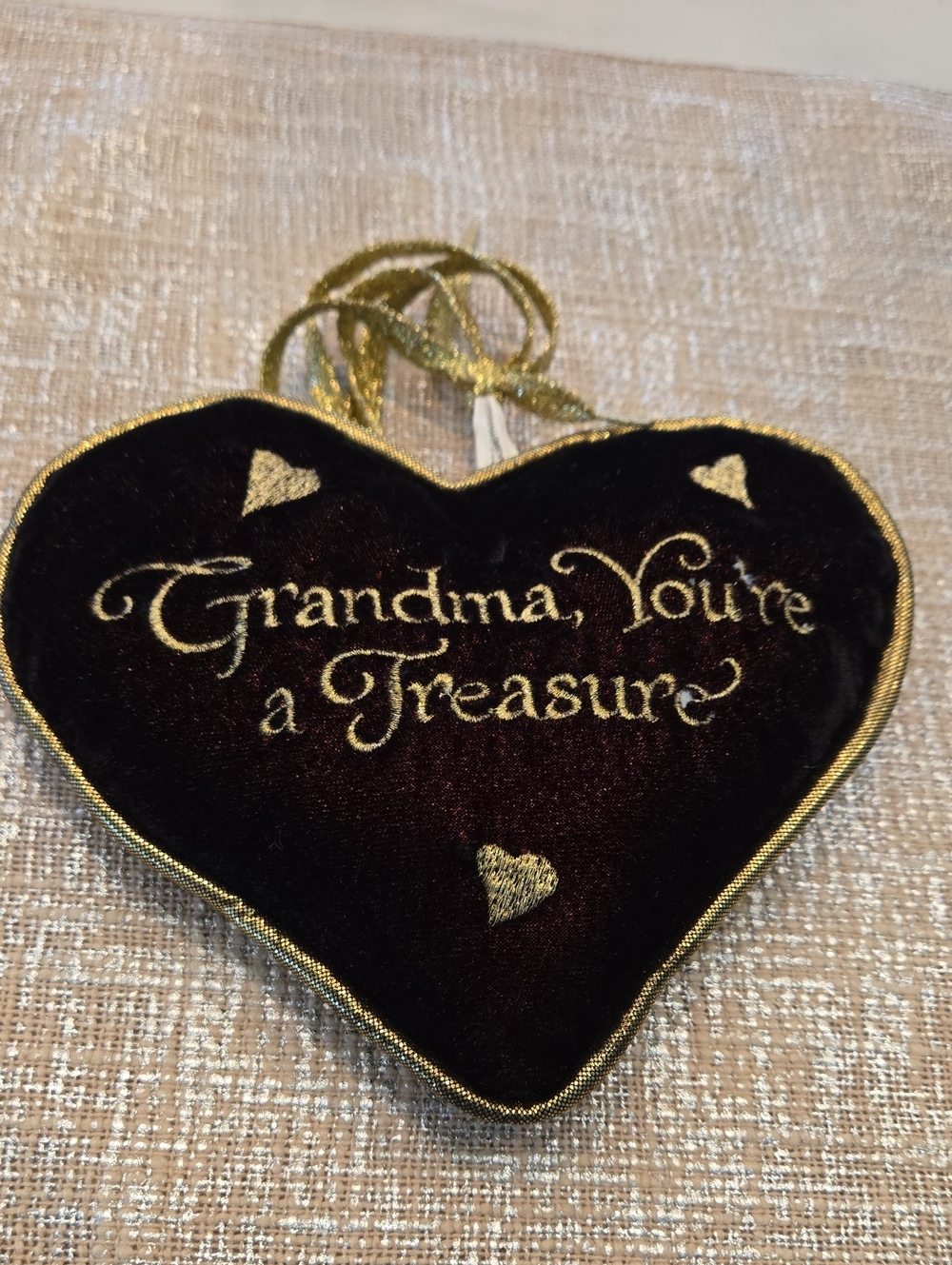 Grandma, You're a Treasure Red Velvet Heart Pillow Ornament - Gold Embroidery
